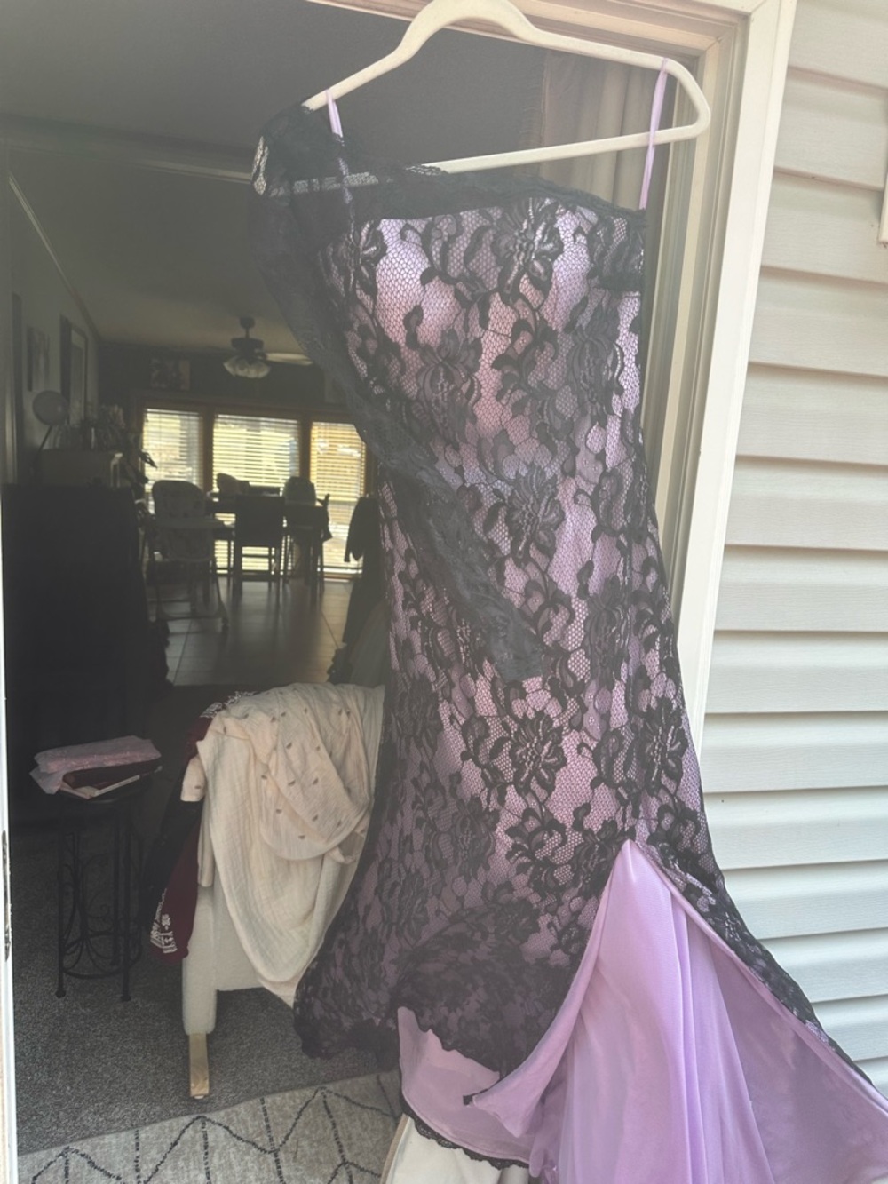 Lavender Evening Gown with Black Lace Overlay